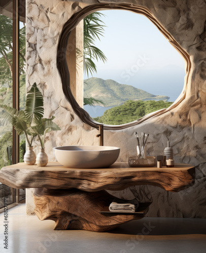 Stylish bathroom with a chic solid wood sink stand in the bathroom. Eco-friendly tropical Bali style.