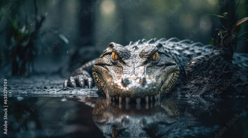 Alligator close-up at the moment of hunting - obrazy, fototapety, plakaty 
