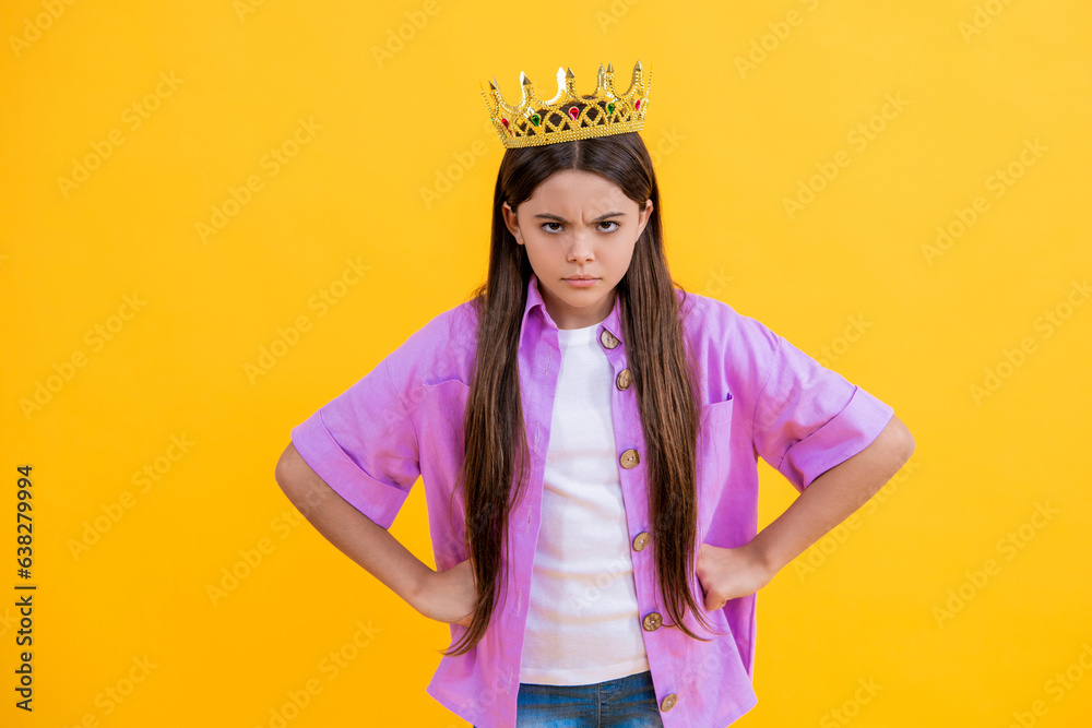 selfish girl in crown. teen girl look selfish in the crown. princess crown fashion. teen girl winner of crown. selfish and arrogant. egoist teenager. expressing selfishness