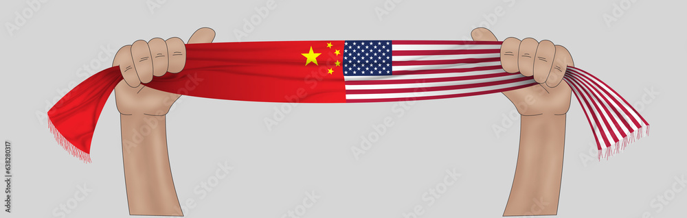 3D illustration. Hand holding flag of China and USA on a fabric ribbon background. 3D illustration. Hand holding flag of China and USA on a fabric ribbon background.