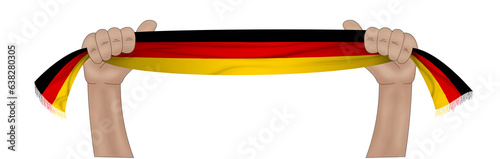 3D illustration. Hand holding flag of Germany on a fabric ribbon background.