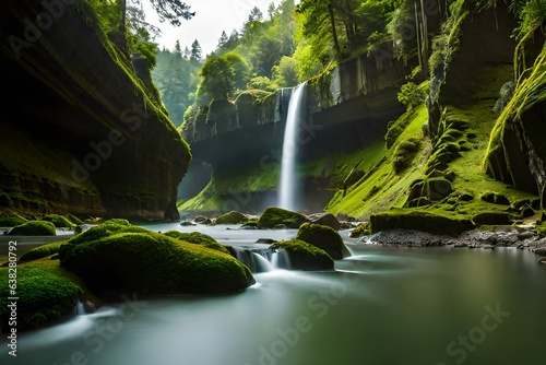 Waterfall streams in the green mossy mountain