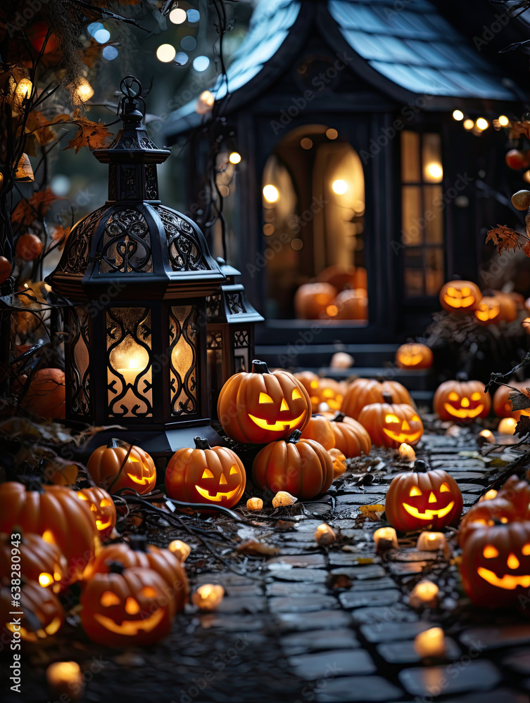 Fototapeta premium Halloween lantern with pumpkin head and decorations near the house. Halloween background