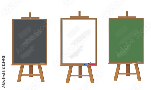 Chalkboard or blackboard with wooden easel stand vector illustration set.  White board, green board. An object used in classroom or restaurant, cafe house. Back to school concept.