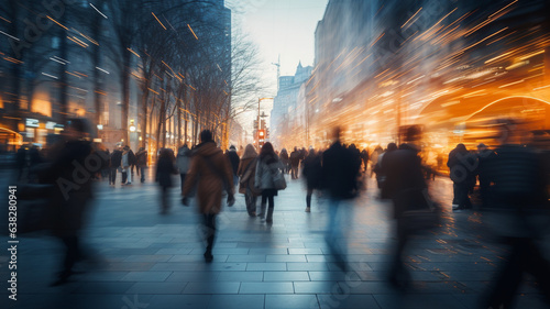 people walking on street. Moving crowd motion blurred background.