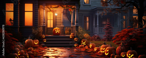 Halloween lantern with pumpkin head and decorations near the house. Night view of the house with Halloween decoration. halloween background