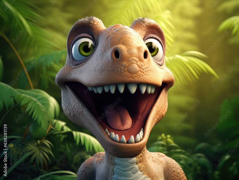 a cute and happy t-rex with eyes wide open in cartoon style