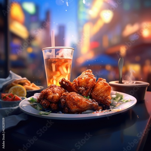 grilled chicken wings and a drink blurred restaurant in the background