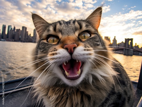 A cute and happy cat smiles while taking a selfie in front of New York City silhouette