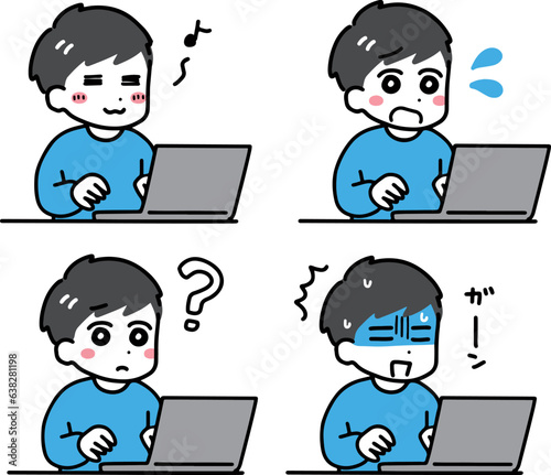 パソコン作業をしている若い男性の表情のセット(上半身・私服)