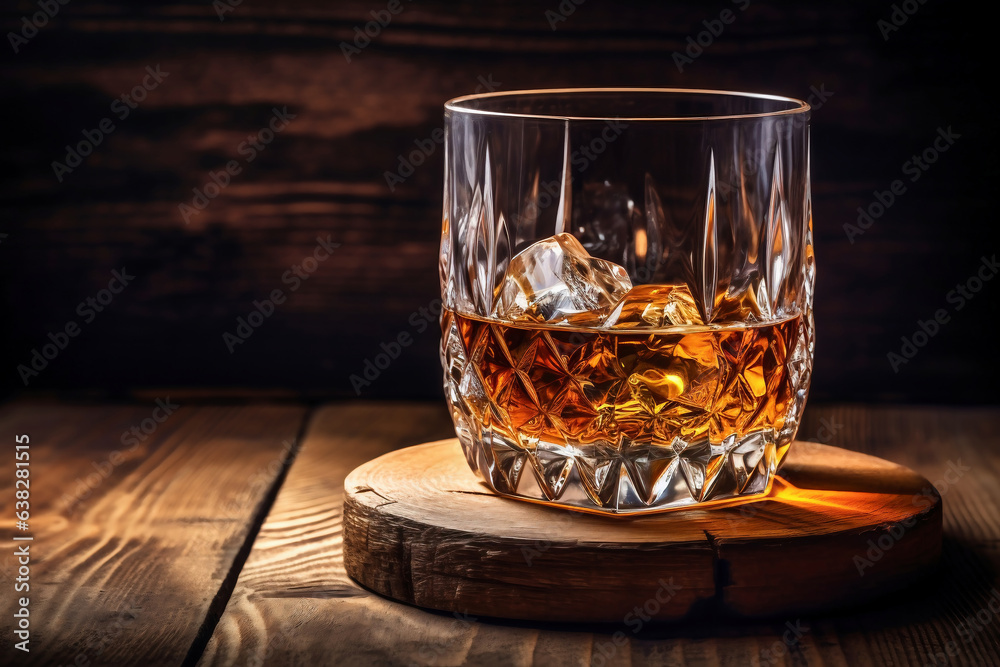 Whiskey drinks. You need to drink whiskey with ice then the whiskey tastes better of an oak barrel. Alcoholic drink with ice whiskey or cognac close-up on the background of an oak barrel for aging. Whiskey drinks. You need to drink whiskey with ice then the whiskey tastes better of an oak barrel. Alcoholic drink with ice whiskey or cognac close-up on the background of an oak barrel for aging.