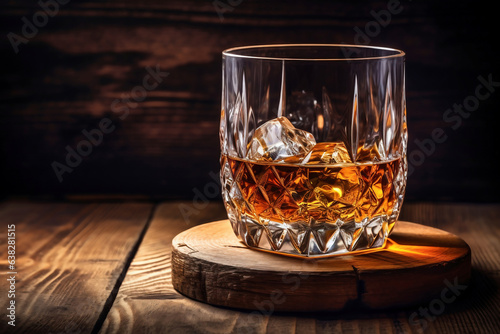Whiskey drinks. You need to drink whiskey with ice then the whiskey tastes better of an oak barrel. Alcoholic drink with ice whiskey or cognac close-up on the background of an oak barrel for aging.