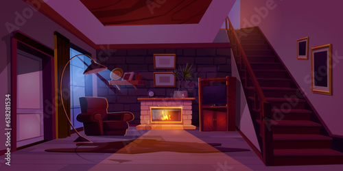 Fireplace in house living room interior at night. Flame burning in apartment livingroom hall near stairs. Vintage hallway furniture and moonlight from window. Retro cozy floor house floor with door