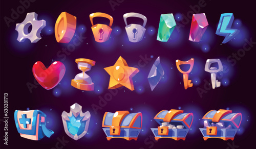 Casino ui game icon set with chest, coin and heart. Cartoon vector magic kit for online mobile app store interface with hourglass, lightning, flask and star. Glow loot object collection for winner. photo