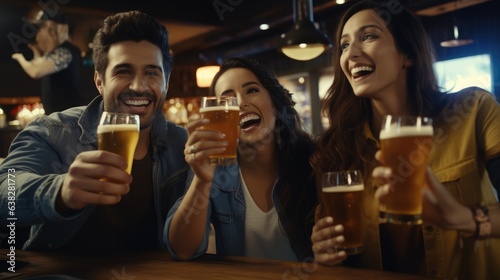 Group of hispanic friends drinking beer mugs at a bar  happy  cheerful. Generative AI