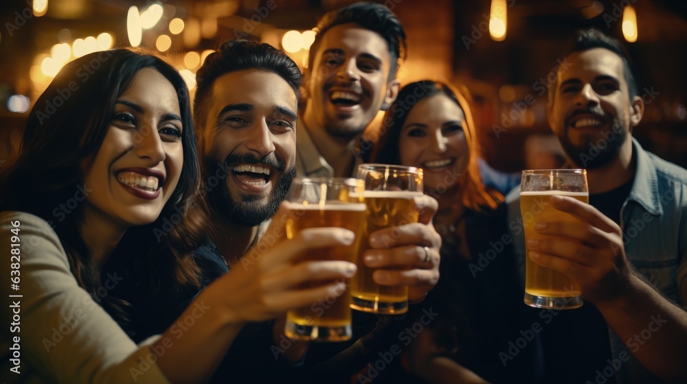 Group of hispanic friends drinking beer mugs at a bar, happy, cheerful. Generative AI Group of hispanic friends drinking beer mugs at a bar, happy, cheerful. Generative AI