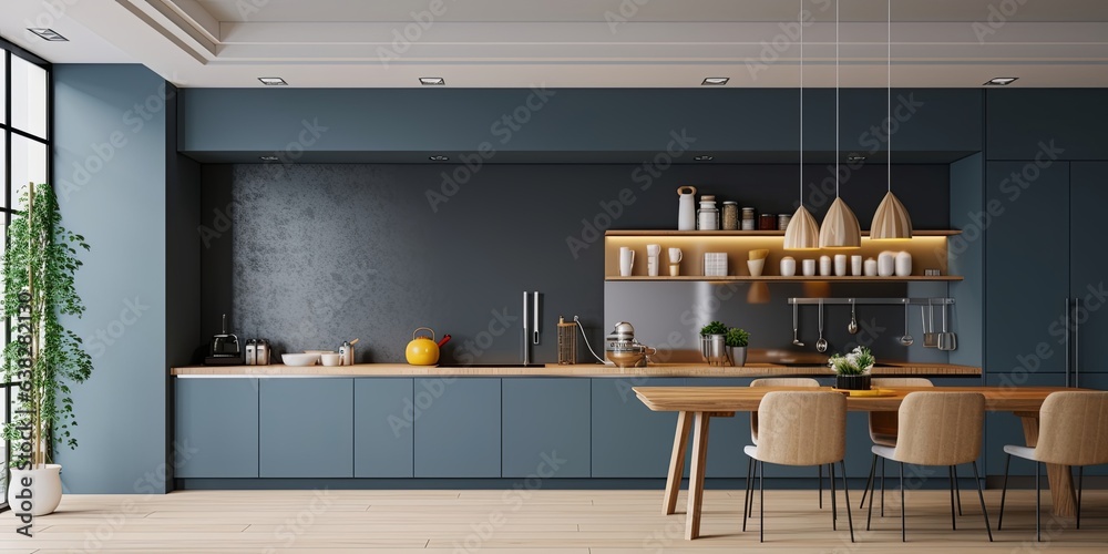 Modern style kitchen interior design with dark blue wall,dining room interior design, Generative AI - obrazy, fototapety, plakaty 