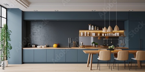 Obraz na płótnie Modern style kitchen interior design with dark blue wall,dining room interior design, Generative AI w salonie