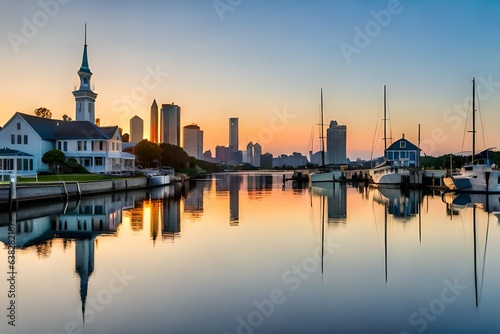 Quaint summer scene of a sailboat and white cape cod style homes and buildings © Pretty Panda