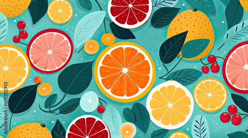 Colorfull fruit and leaves pattern background.
