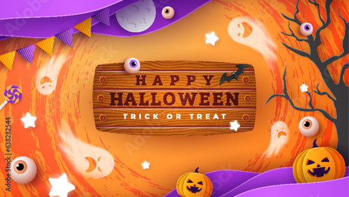 Orange background the stage for a Halloween banner template, featuring weathered wooden board, ghostly pumpkin, and spooky elements. Perfect as website background or Halloween themed banner design.