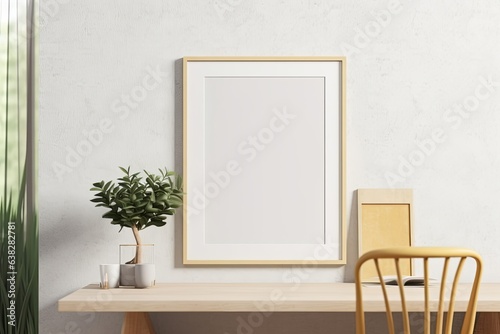 Poster mockup with vertical white frame in working room interior background, Generative AI