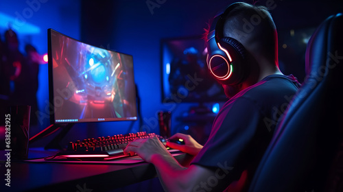 Professional male esports streamer playing online game computer with headphones, Room Lit by Neon Lights in Retro Arcade Style