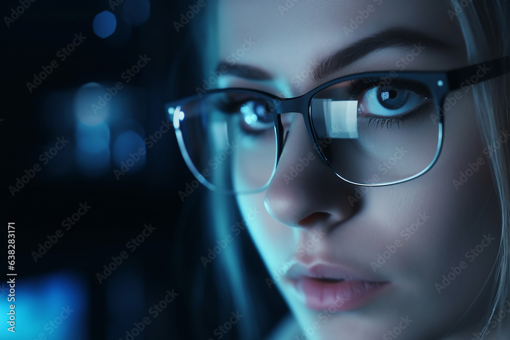 Close up of beautiful woman wear eyeglasses work on laptop monitor . Eye sight and Vision.