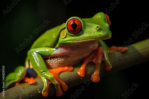 A Beautiful poison red eyes frog with green skin climb up brown dry wood on blur natural background. a native animal and endanger species in Madagascar’s rain forest.