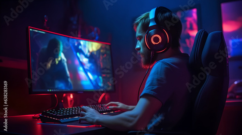 Professional male esports streamer playing online game computer with headphones, Room Lit by Neon Lights in Retro Arcade Style