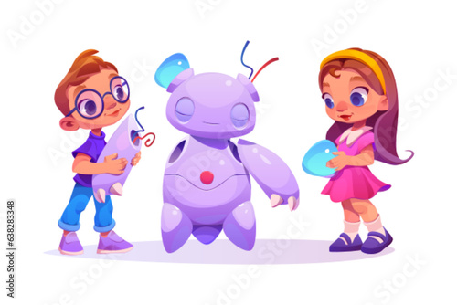 Kid ai robot development and science study vector illustration. Computer technology education and engineer workshop children activity set. Boy and girl build or break cute robot