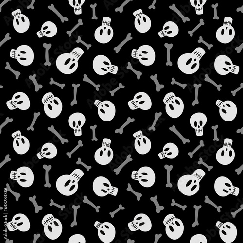 Skulls and bones halloween repeat pattern seamless vector black grey and white. 