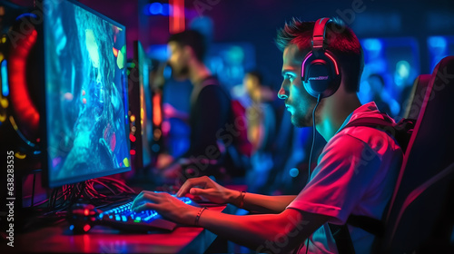 Photo Professional gamer playing online games tournament with headphones, Room Lit by