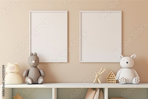 Mock up posters in child room interior, posters on empty cream color wall background, Generative AI