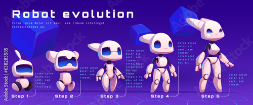 Cute ai robot character level evolution for game tech vector cartoon illustration. Future timeline upgrade computer technology for exoskeleton programming. Artificial intelligence humanoid companion