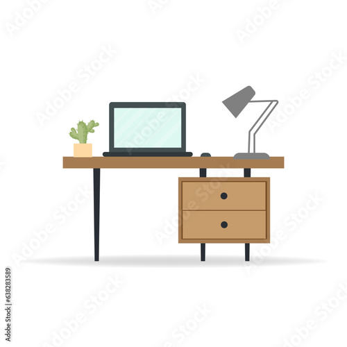Obraz na płótnie office desk with a lamp and a computer with a monitor. flat vector illustration isolated on white background w salonie