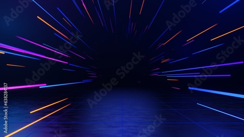 3d technology abstract neon light background, empty space scene, spotlight, dark night, virtual reality, cyber futuristic sci-fi background, street floor studio for mock up. colored geometric.