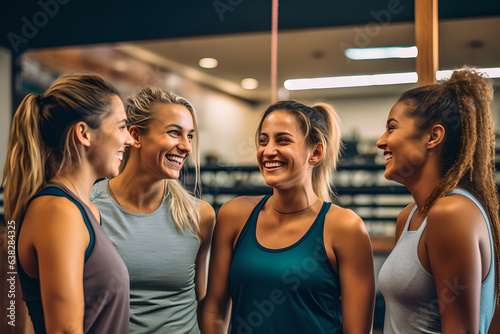 Group of female gym friends happily talking and laughing together on a . Women resting enjoying conversation finished workout © AspctStyle