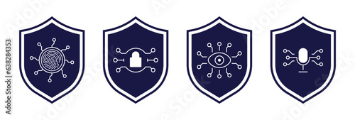 security shield icon pack, security shield logo with fingerprint, padlock, iris scanning, and voice scanning. Security shield symbol for website. digital device security icon. technology