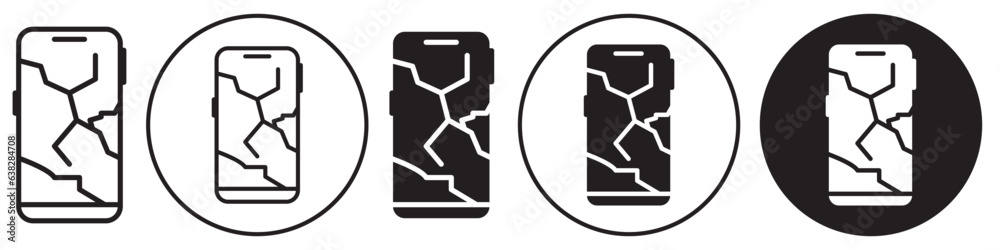Broken Phone screen icon. Symbol of damaged smartphone display. Vector set of mobile protection glass break or having scratch. Flat outline of touch repair or fix Broken Phone screen icon. Symbol of damaged smartphone display. Vector set of mobile protection glass break or having scratch. Flat outline of touch repair or fix