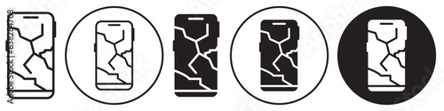 Broken Phone screen icon. Symbol of damaged smartphone display. Vector set of mobile protection glass break or having scratch. Flat outline of touch repair or fix