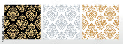 Wallpapers in the style of Baroque. Seamless vector backgrounds. Set of colored floral ornaments. Graphic patterns for fabric, wallpaper, packaging. Ornate Damask flower ornaments