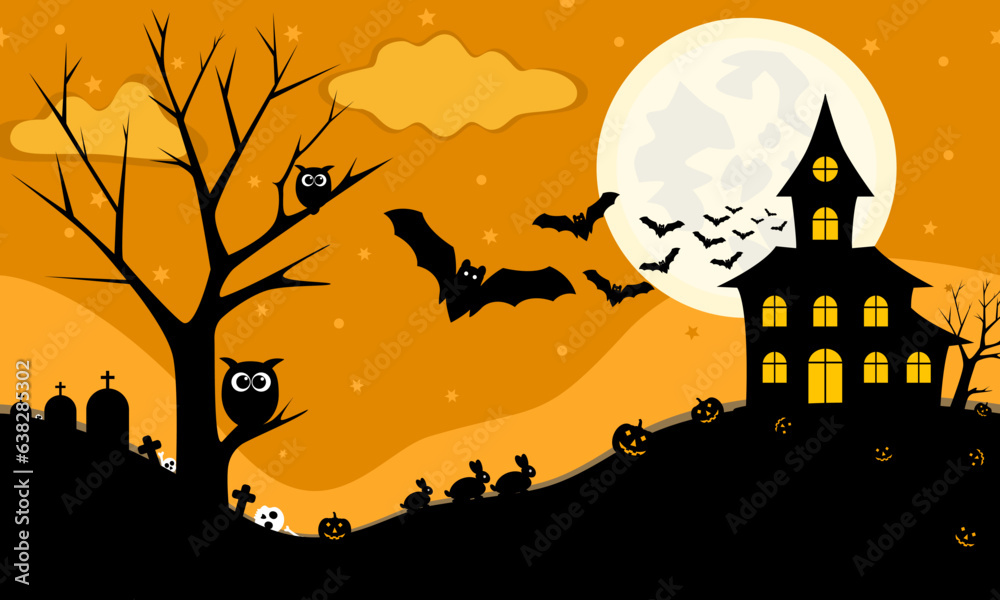 Happy orange Halloween night background in flat design. Vector Halloween Illustration.