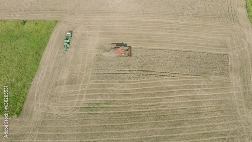 Aerial establishing view of combine harvester mowing yellow wheat, dust clouds rise behind the machine, food industry, yellow reap grain crops, sunny summer day, revealing drone shot moving backward photo