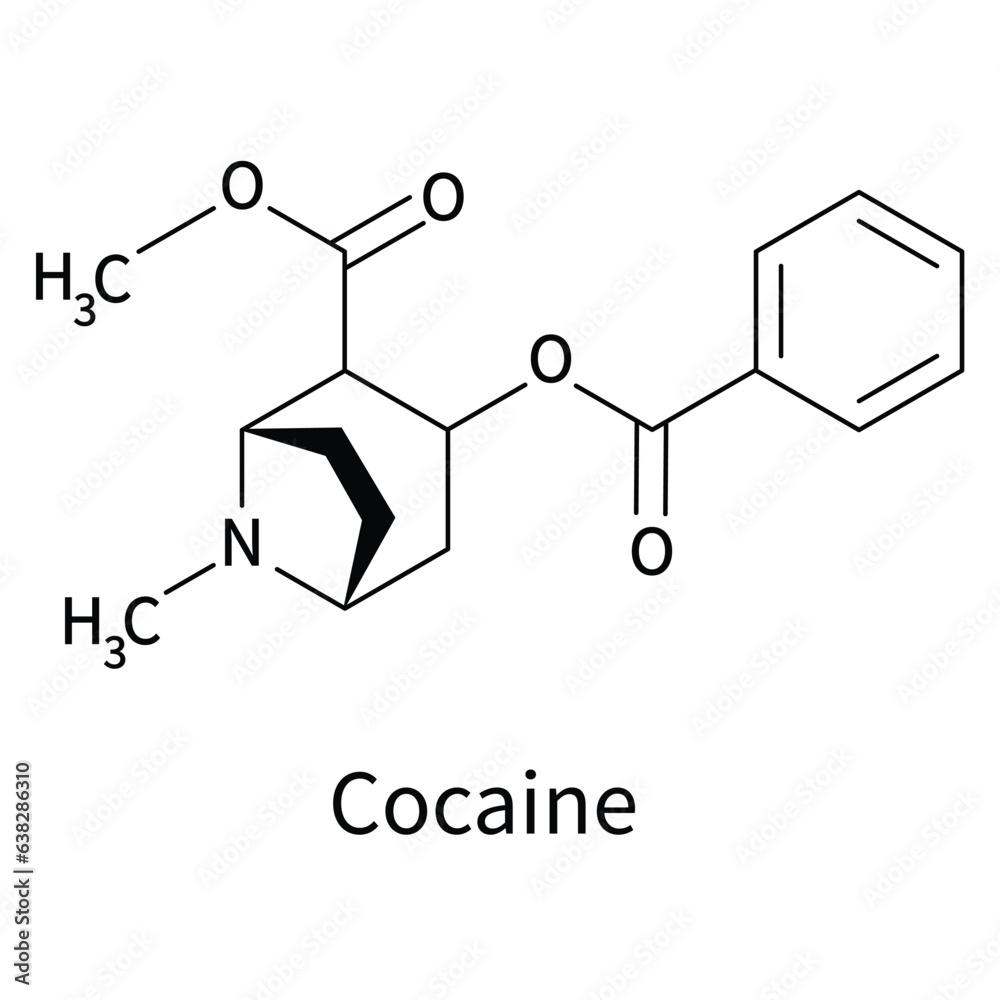 Formula of chemical structure of Modafinil, Cocaine, Morphine, Heroin.