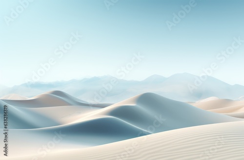 Sunset landscape of blue and yellow sand dunes with mountain and sky. created by generative AI technology.