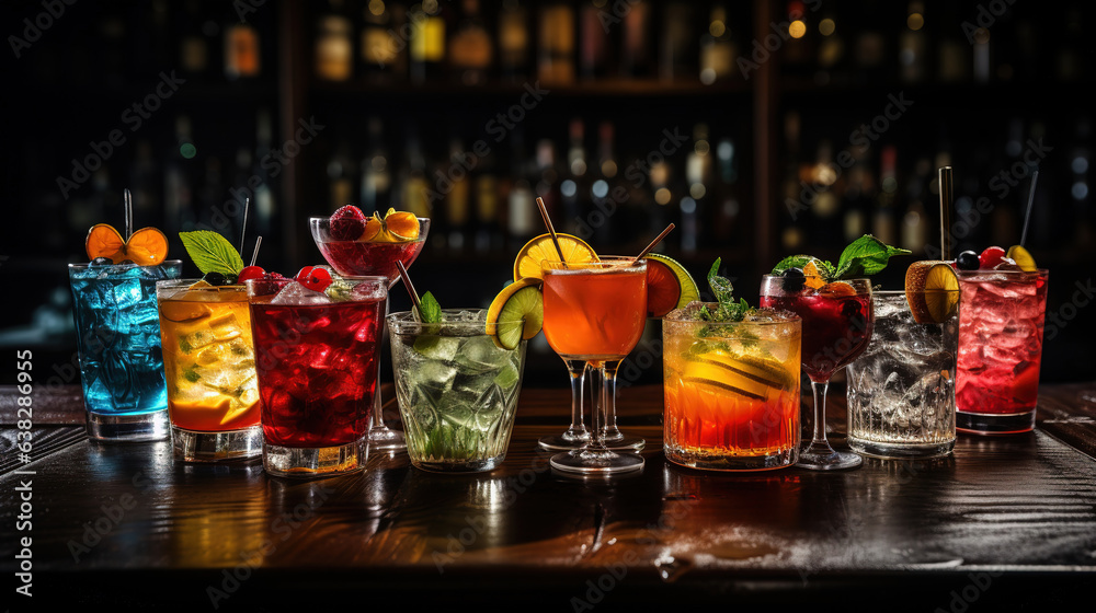 Various tasty cocktails displayed on a dark table in a bar. - obrazy, fototapety, plakaty 