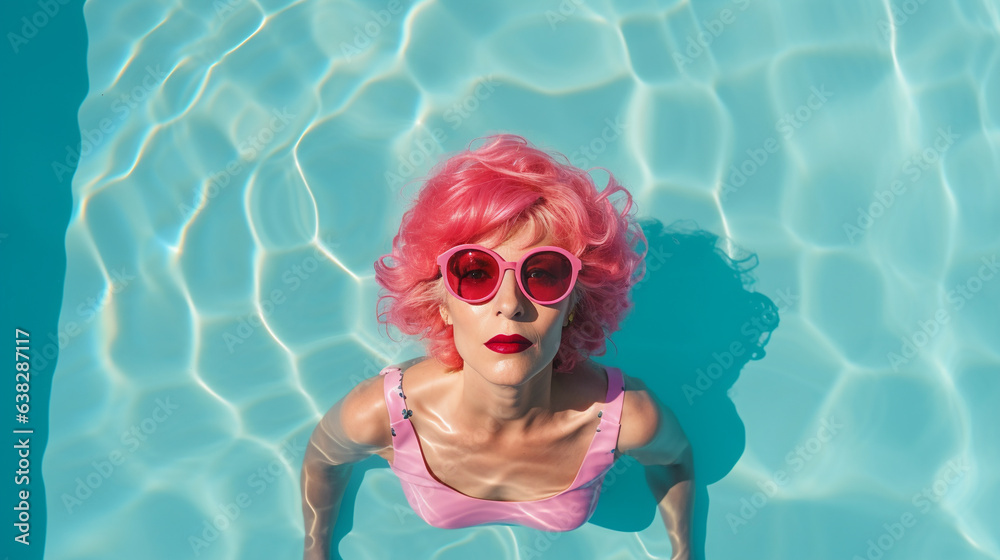 Naklejka premium Above view of happy woman with pink hairs lying on clear blue water in pool or sea resort