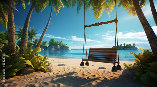 Paradise beach, relax landscape with beach swing or hammock on coconut palm and white sand calm sea sunny sky for exotic beach template. Amazing beach scene vacation and summer holiday. Luxury travel