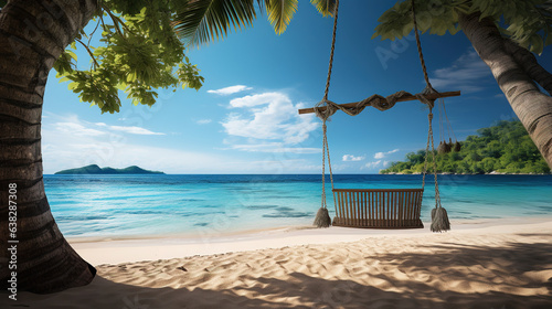 Paradise beach  relax landscape with beach swing or hammock on coconut palm and white sand calm sea sunny sky for exotic beach template. Amazing beach scene vacation and summer holiday. Luxury travel